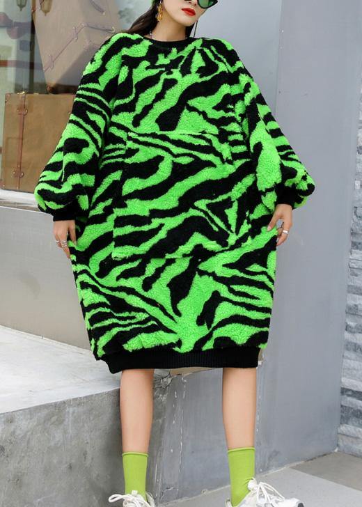 Comfy O Neck Thick Sweater Dress Outfit Plus Size Green Striped Knitwear Dress - SooLinen