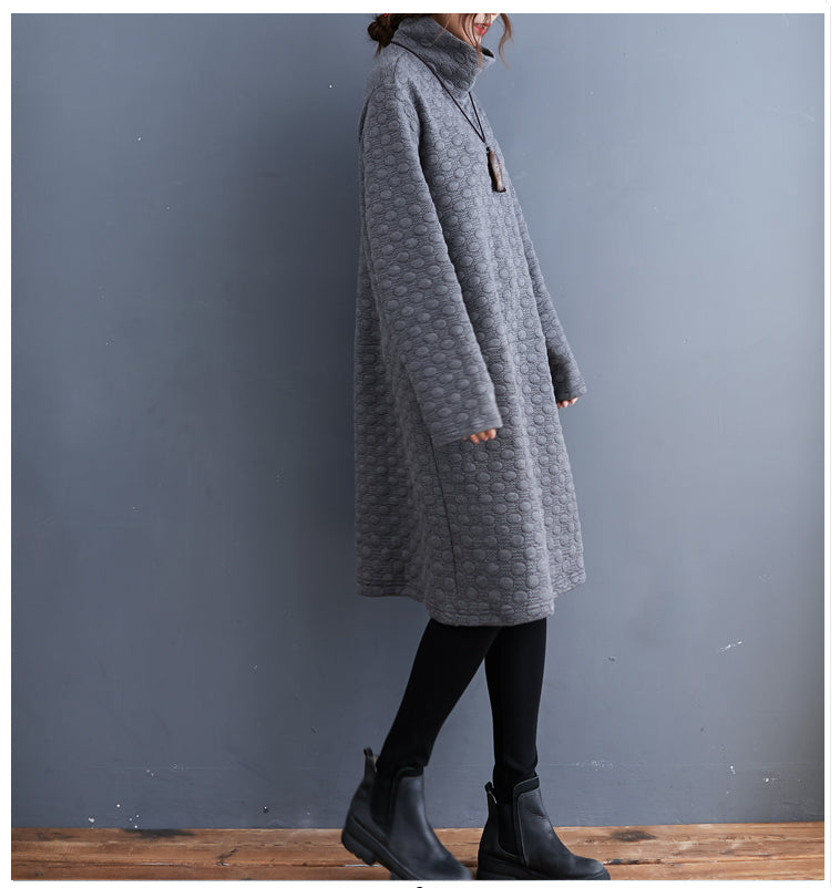New Oversize Cotton Clothing Dresses Vintage Long Sleeve Turtleneck Pockets Casual Dress