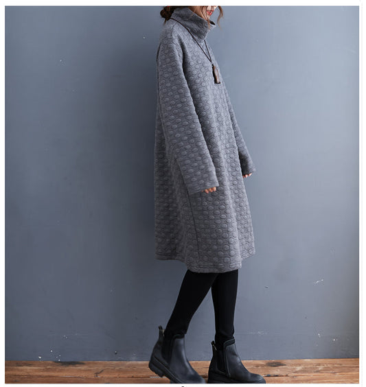 New Oversize Cotton Clothing Dresses Vintage Long Sleeve Turtleneck Pockets Casual Dress