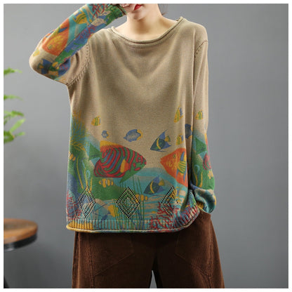 Women 2025 Vintage Prints Loose Sweater Casual Spring Tops