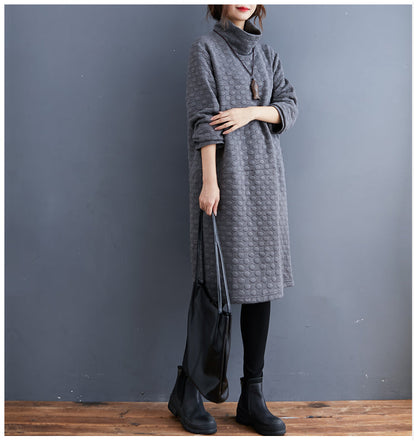 New Oversize Cotton Clothing Dresses Vintage Long Sleeve Turtleneck Pockets Casual Dress