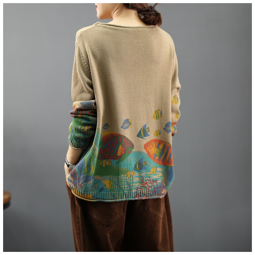 Women 2025 Vintage Prints Loose Sweater Casual Spring Tops