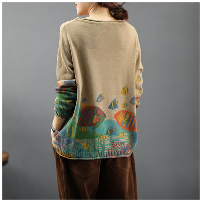 Women 2025 Vintage Prints Loose Sweater Casual Spring Tops