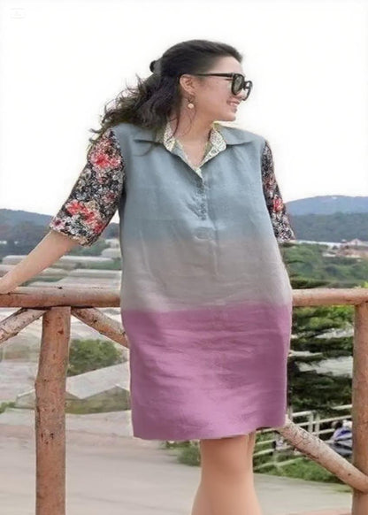 Handmade purple and pink Peter Pan Collar Patchwork Vacation Mid Dresses Summer