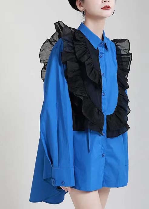 2025 Royal Blue Ruffles Asymmetrical Shirt Dress-Limited Stock