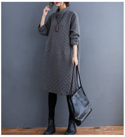 New Oversize Cotton Clothing Dresses Vintage Long Sleeve Turtleneck Pockets Casual Dress