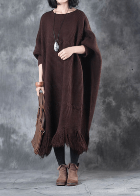 2021 Fall Tassel Sweater weather Vintage chocolate Fuzzy sweater dress - SooLinen