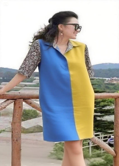 Handmade blue yellow Peter Pan Collar Patchwork Vacation Mid Dresses Summer