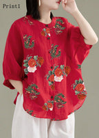 Art Red O-Neck Button Linen Loose Shirt Top Lantern Sleeve