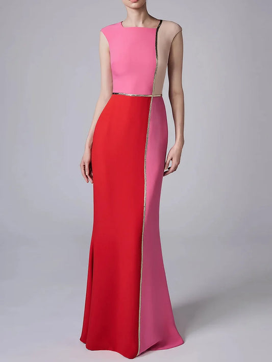 Elegant Color Block Sleeveless Bodycon Mermaid Hem Maxi Dress