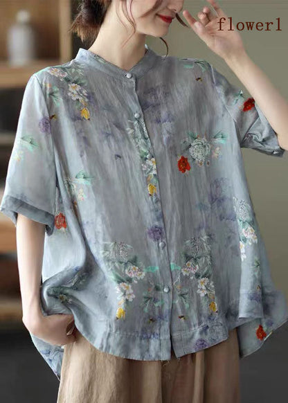 Elegant Colorful geometry Stand Collar Print Tops Half Sleeve