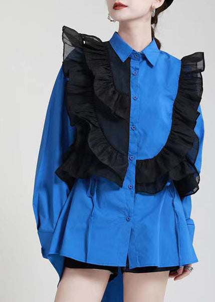 2025 Royal Blue Ruffles Asymmetrical Shirt Dress-Limited Stock