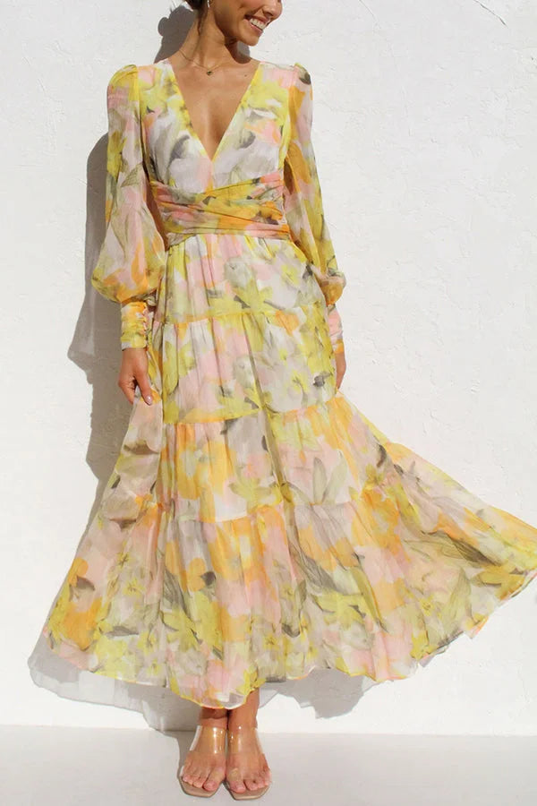 Yellow Olena Abstract Floral Balloon Sleeves Maxi Dress