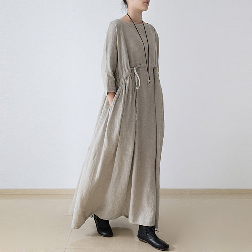 2025 autumn Nude natural linen caftans plus size linen dresses drawstring waist design flattering dress