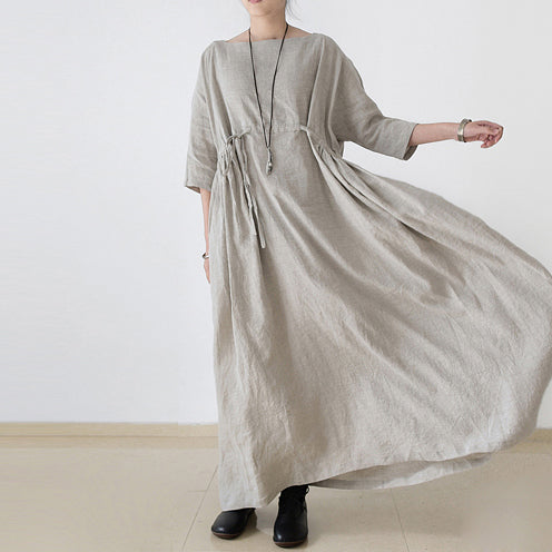 2025 autumn Nude natural linen caftans plus size linen dresses drawstring waist design flattering dress