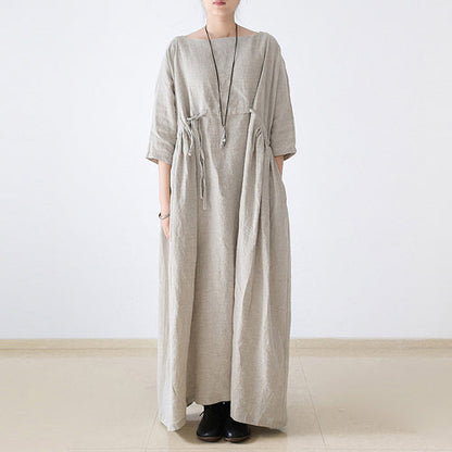 2025 autumn Nude natural linen caftans plus size linen dresses drawstring waist design flattering dress