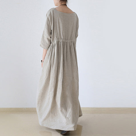 2025 autumn Nude natural linen caftans plus size linen dresses drawstring waist design flattering dress