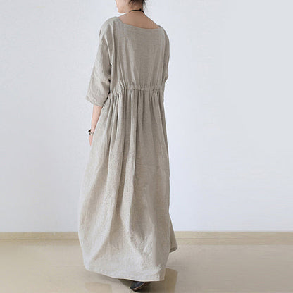 2025 autumn Nude natural linen caftans plus size linen dresses drawstring waist design flattering dress