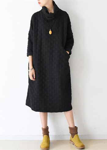 2025 autumn black cotton dresses long sleeve warm winter dress high neck caftans