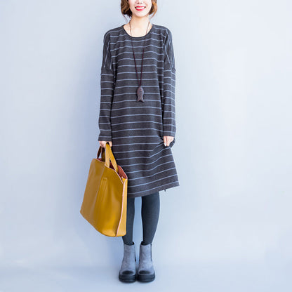 2025 autumn gray casual knit dresses plus size striped sweater dress