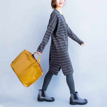 2025 autumn gray casual knit dresses plus size striped sweater dress