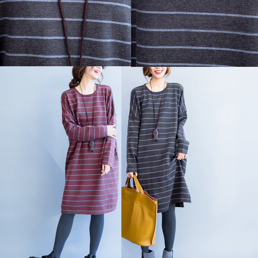 2025 autumn gray casual knit dresses plus size striped sweater dress
