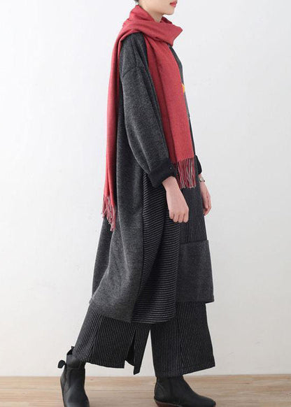 2025 autumn gray striped sweater tops and wide leg knit pants two pieces