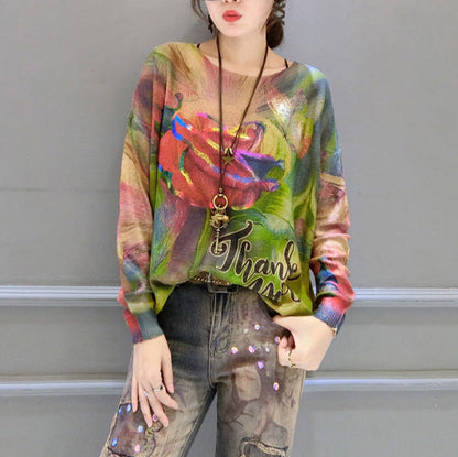 2025 autumn new roses prints cotton knit tops plus size lon sleeve sweater