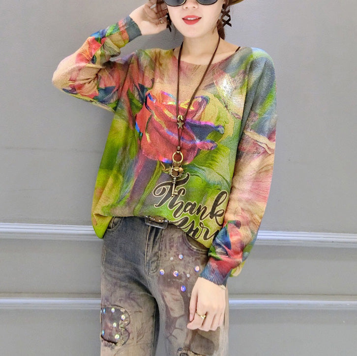 2025 autumn new roses prints cotton knit tops plus size lon sleeve sweater