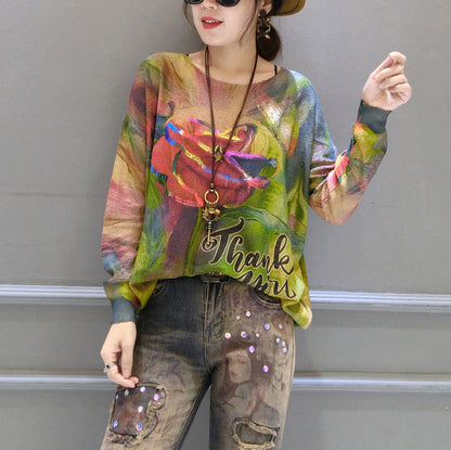 2025 autumn new roses prints cotton knit tops plus size lon sleeve sweater