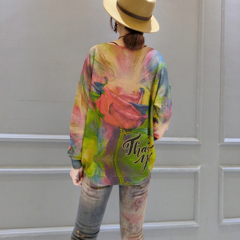 2025 autumn new roses prints cotton knit tops plus size lon sleeve sweater