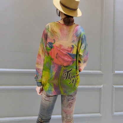 2025 autumn new roses prints cotton knit tops plus size lon sleeve sweater