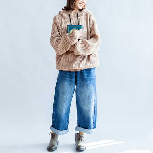 2025 autumn thick khaki cotton sweateres plus size hooded lantern sleeve knitted tops