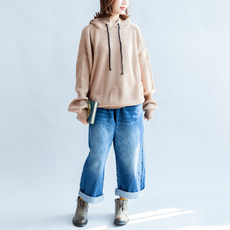 2025 autumn thick khaki cotton sweateres plus size hooded lantern sleeve knitted tops