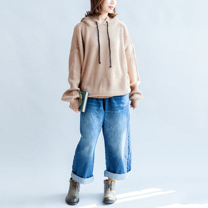 2025 autumn thick khaki cotton sweateres plus size hooded lantern sleeve knitted tops