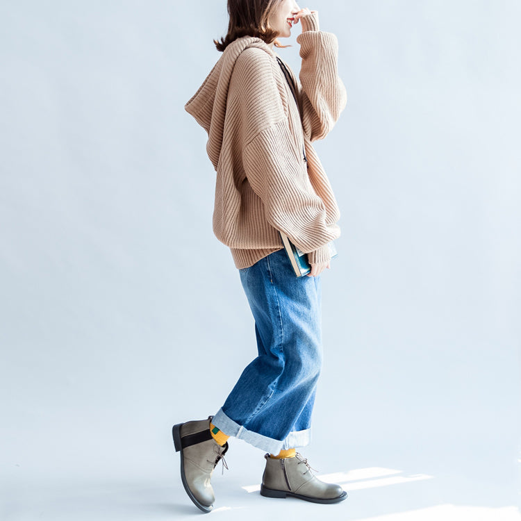 2025 autumn thick khaki cotton sweateres plus size hooded lantern sleeve knitted tops