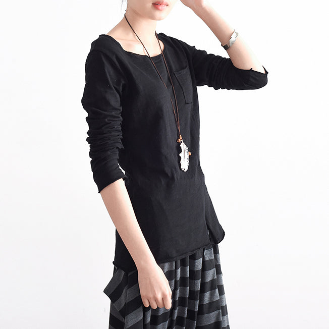 2025 autumn tunic cotton shirts black long sleeve woman tops blouse side open