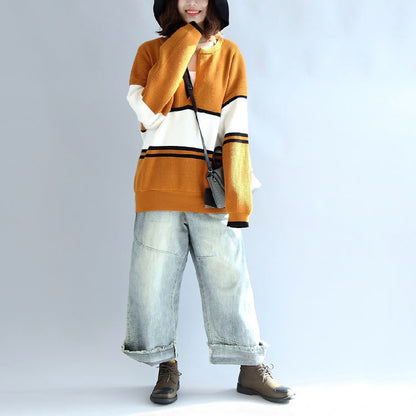 2025 autumn yellow white patchwork cotton knitted tops plus size neck front open sweater