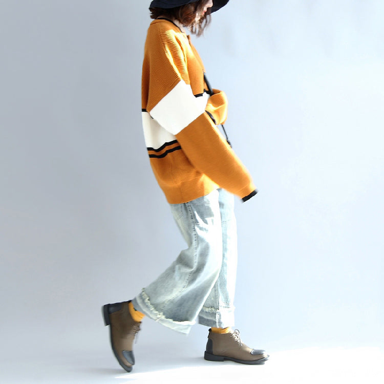 2025 autumn yellow white patchwork cotton knitted tops plus size neck front open sweater