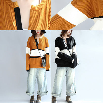2025 autumn yellow white patchwork cotton knitted tops plus size neck front open sweater