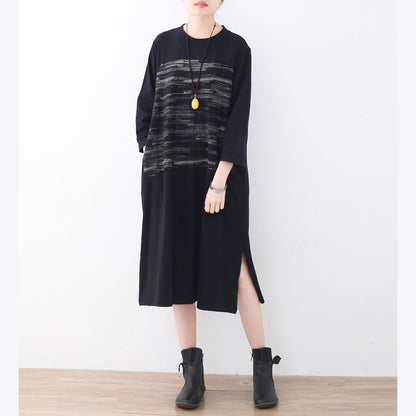 2025 black cotton knee dress oversized traveling dress boutique side open striped cotton dresses