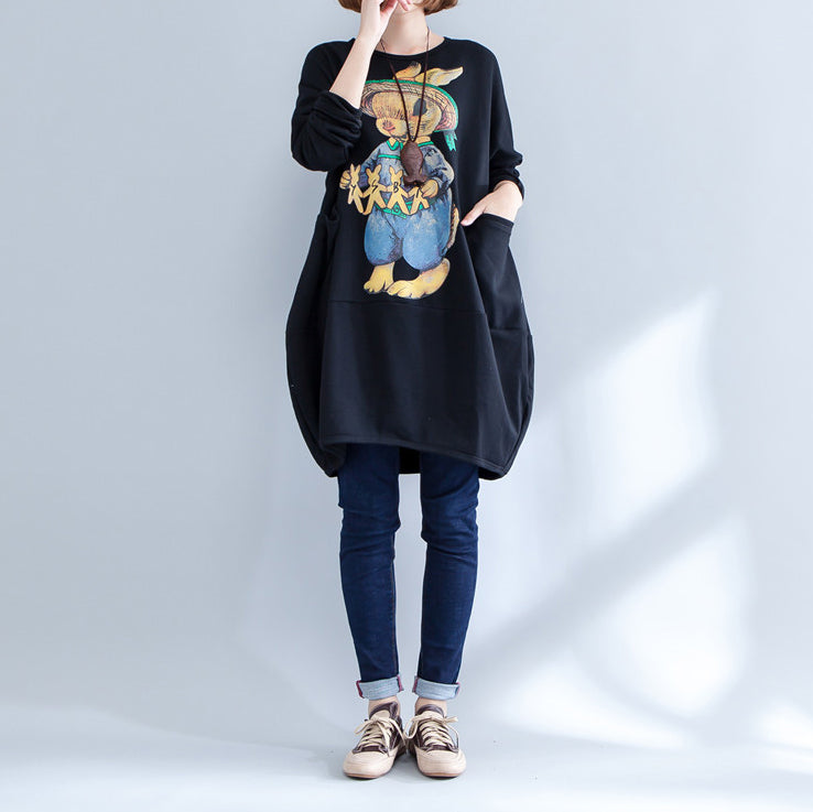 2025 black warm animal print cotton casual dress plus size long sleeve pullover dress