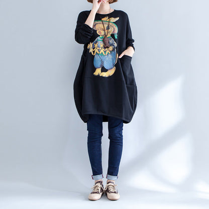 2025 black warm animal print cotton casual dress plus size long sleeve pullover dress