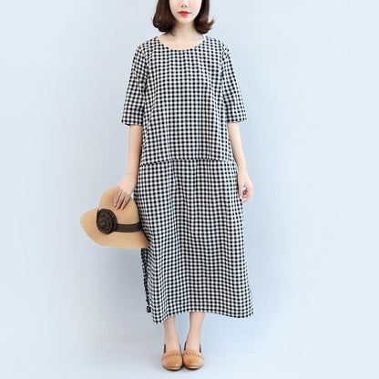 2025 black white plaid cotton dresses baggy loose half sleeve maxi dress side open