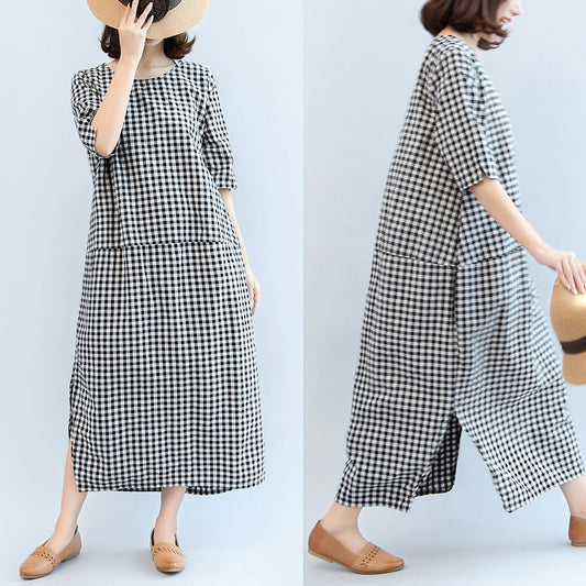 2025 black white plaid cotton dresses baggy loose half sleeve maxi dress side open