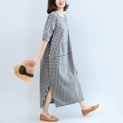 2025 black white plaid cotton dresses baggy loose half sleeve maxi dress side open