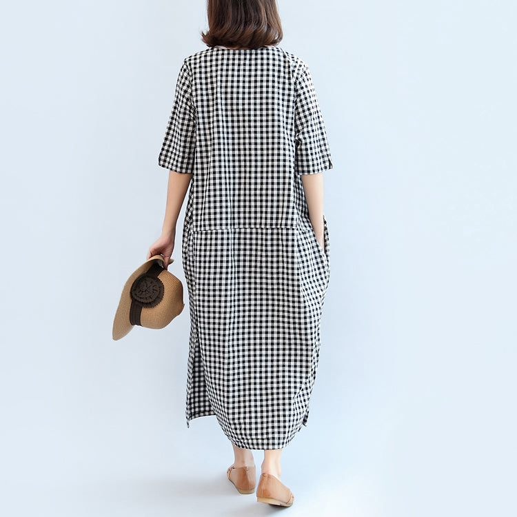 2025 black white plaid cotton dresses baggy loose half sleeve maxi dress side open