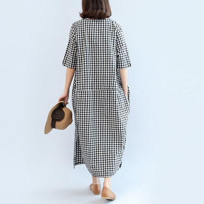 2025 black white plaid cotton dresses baggy loose half sleeve maxi dress side open