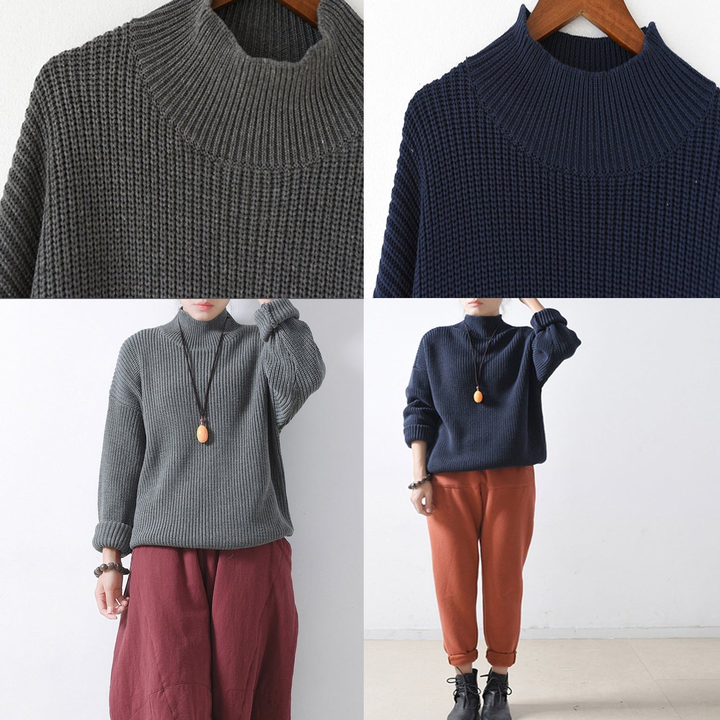 2025 blue chunky winter sweaters short knit tops oversized knit pullover