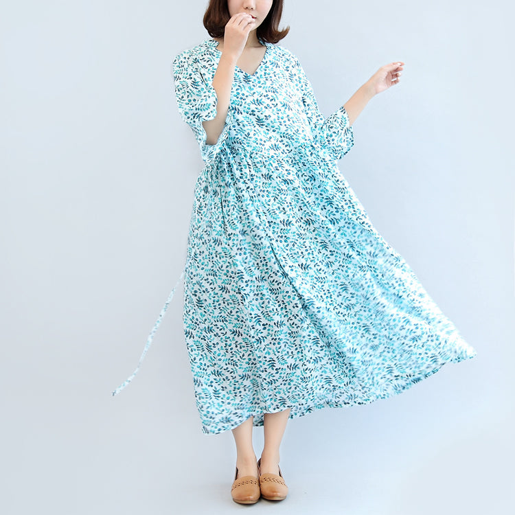 2025 blue print linen dresses plus size casual maxi dress